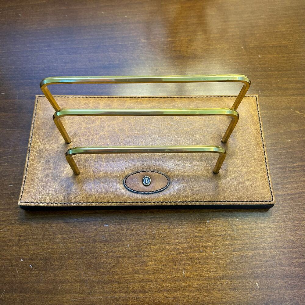 VTG Gold Pfeil Goldpfeil Table Top Desk Mail Letter Rack Organizer Brown Leather